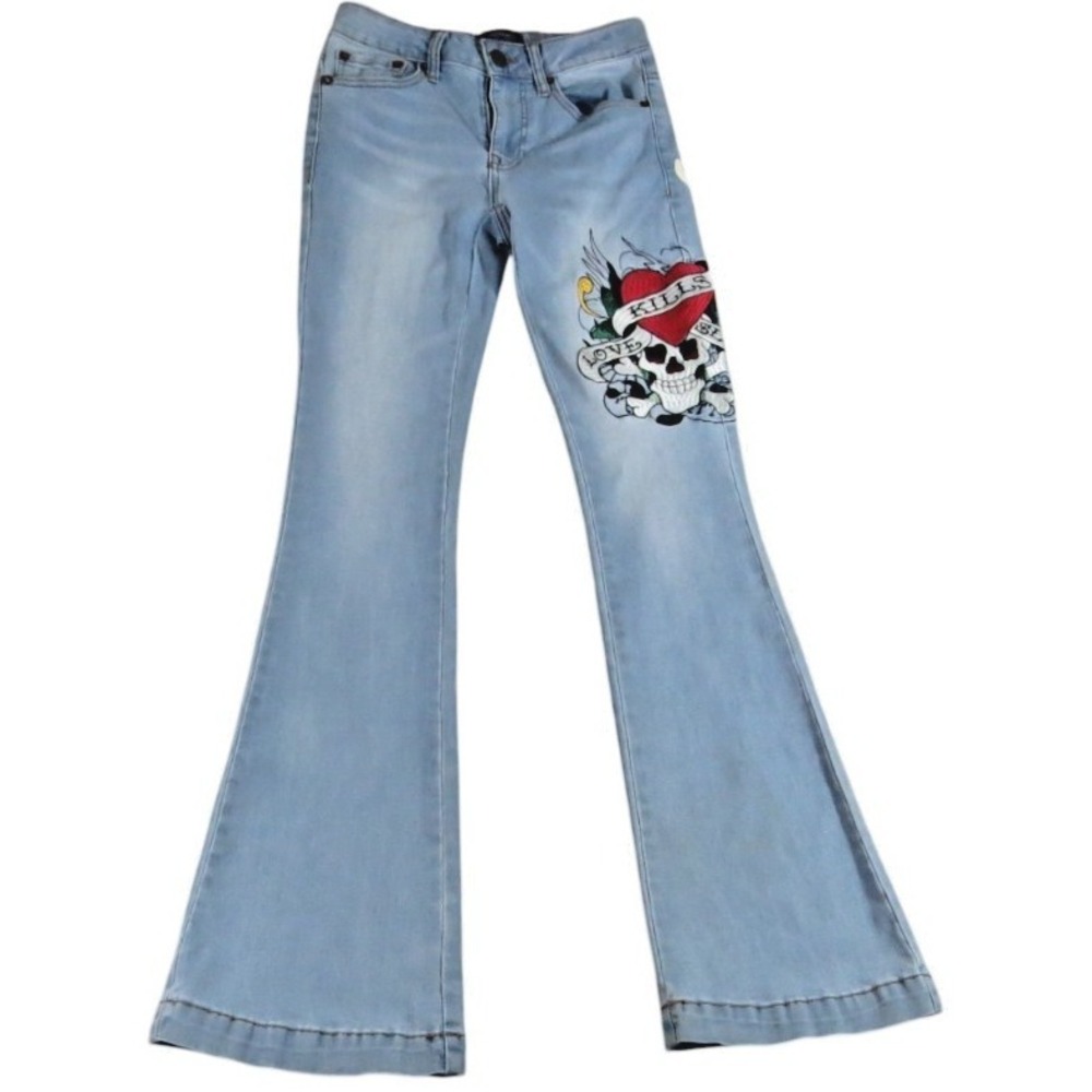 Y2K Ed Hardy Flare Jeans Women W26 L31 Blue Tattoo Skull Graphic Low Rise Denim